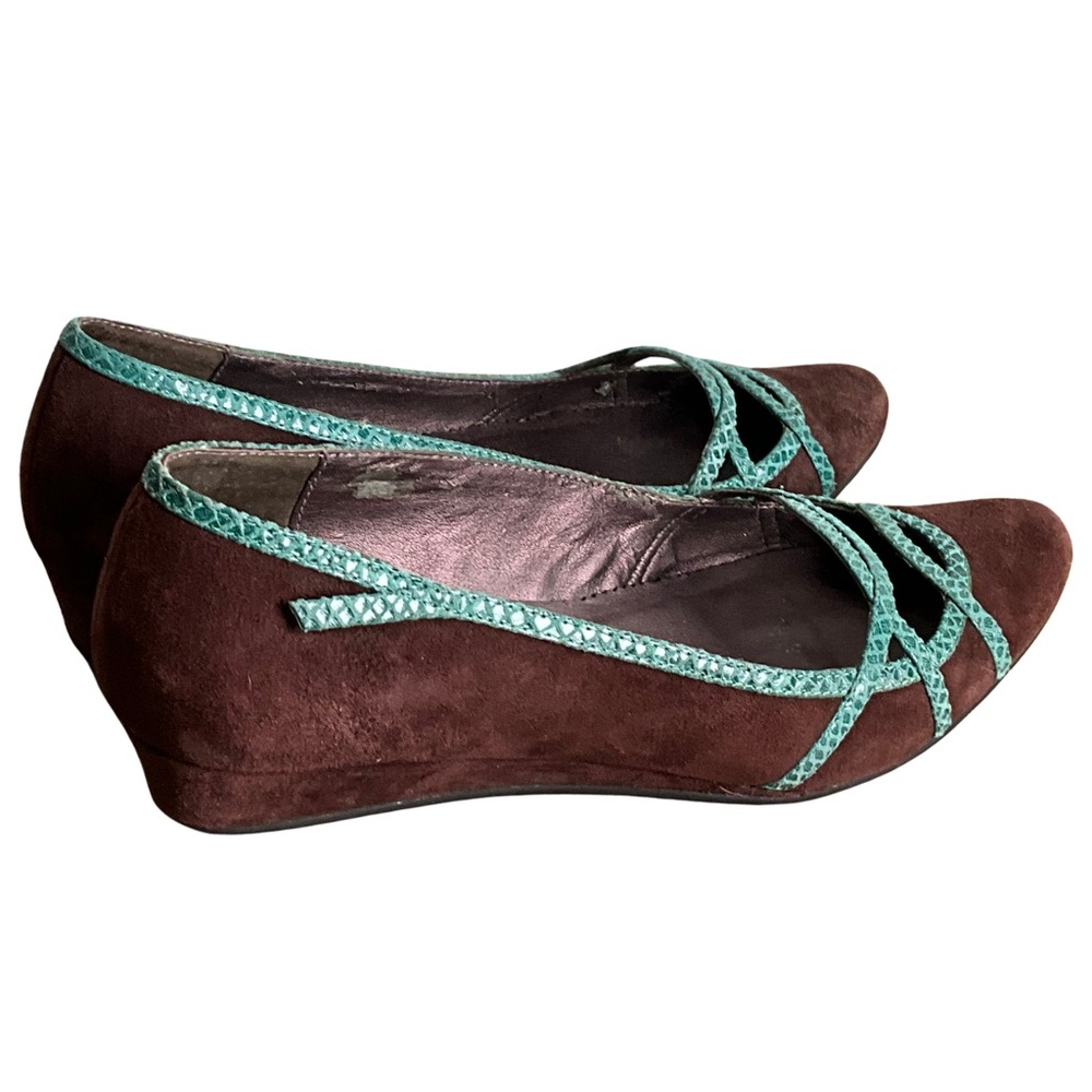Farylrobin Chocolate Brown Suede Flats with Teal Trim